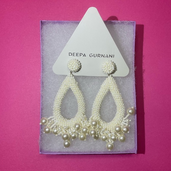 NWT Antropologie Deepa Gurnani Ivory Beaded Hoop Earrings with Pearl Tassels - Picture 9 of 10
